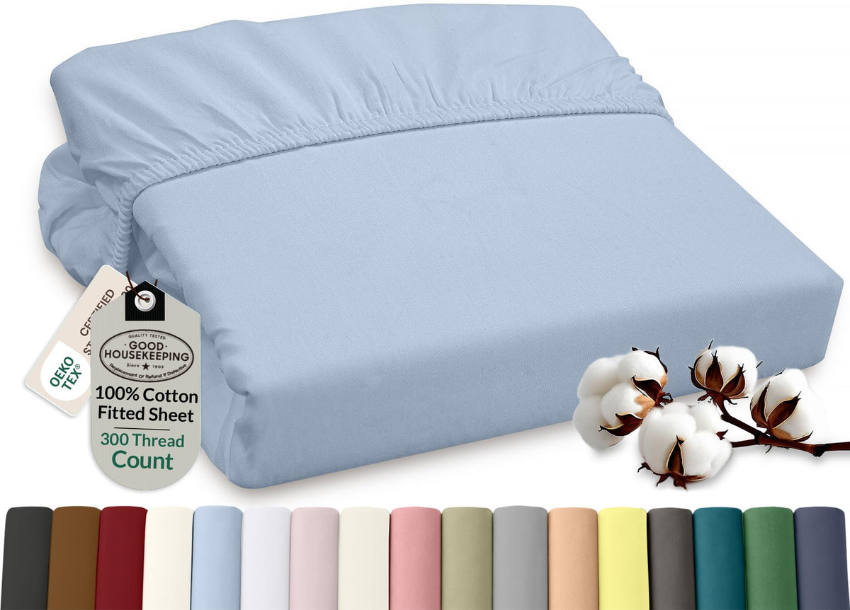 ROYALE LINENS 300 Thread Count 100% Long Staple Combed Cotton Fitted Sheet Full - Super Soft Deep Pocket Bottom Sheet - Fitted Sheets Only - Elastic Sheets (Full, White)