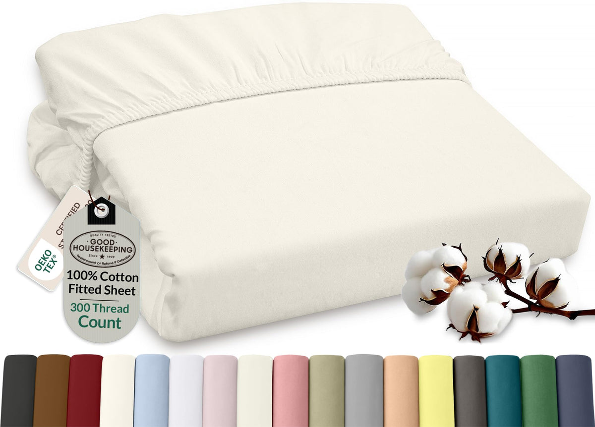 ROYALE LINENS 300 Thread Count 100% Long Staple Combed Cotton Fitted Sheet Full - Super Soft Deep Pocket Bottom Sheet - Fitted Sheets Only - Elastic Sheets (Full, White)