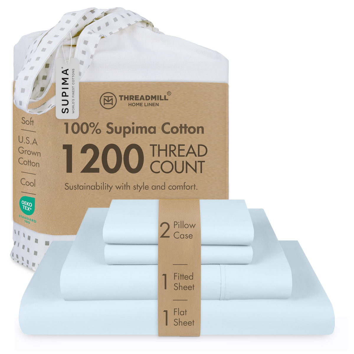 Threadmill 1200 Thread Count Supima Cotton King Sheet Set, Sateen, Ivory
