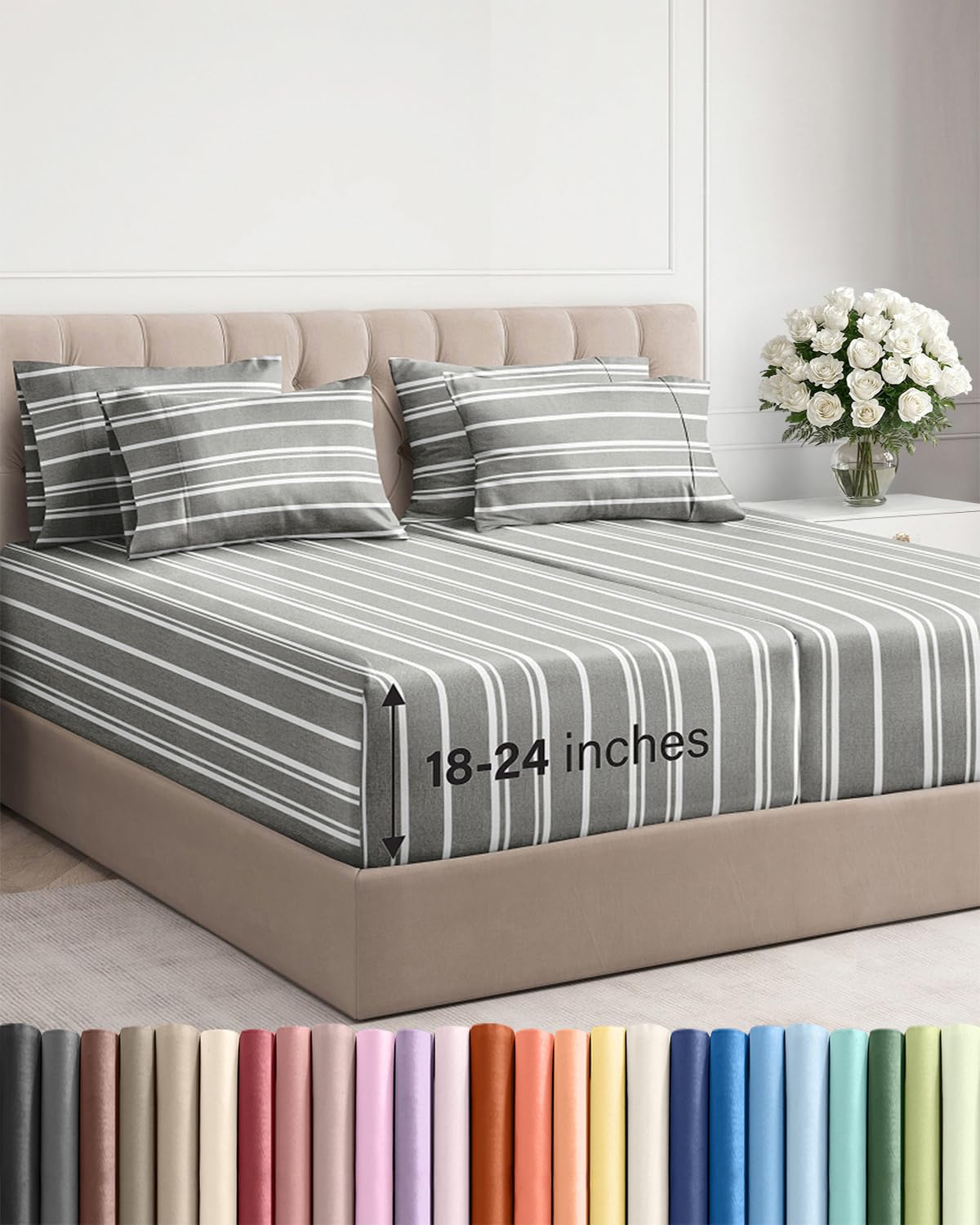 Extra Deep Queen Sheet Set - 6 Piece Breathable and Cooling Sheets - Grey