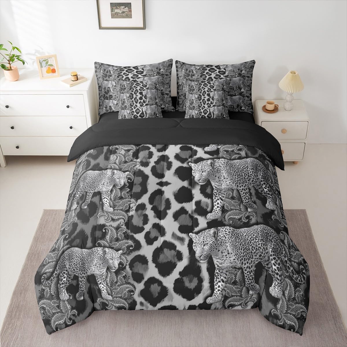 jejeloiu Leopard Print Comforter Set with Sheets 7 Piece Queen Size Cheetah Print Bedding Set for Kids Boys Girls Beige Bed in a Bag Modern Art Room Decor Soft Lightweight Microfiber