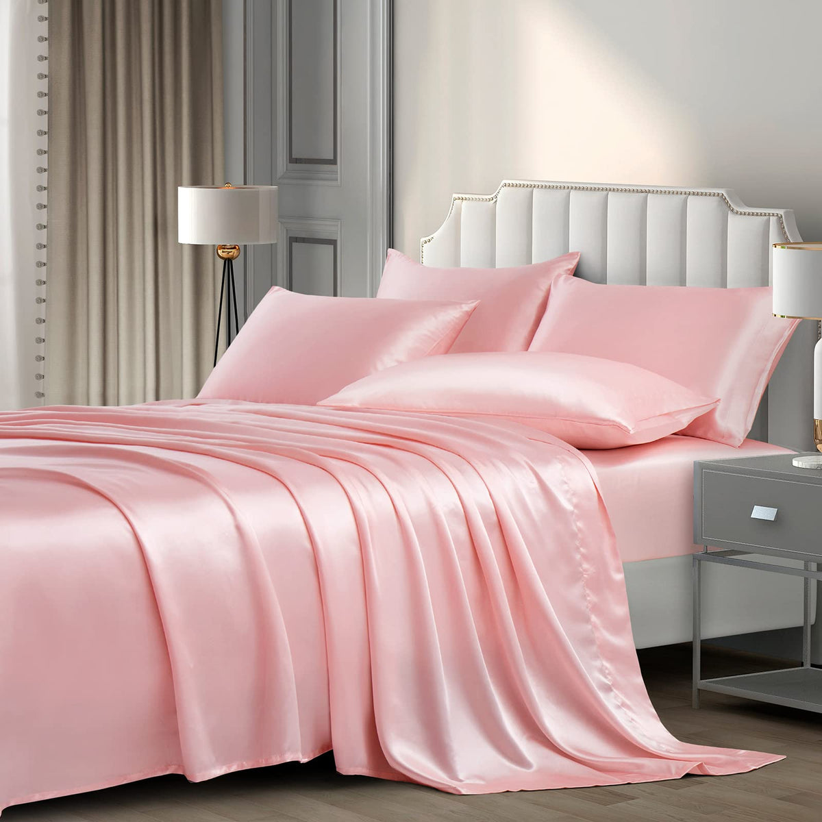 P Pothuiny Satin Sheets Set, Queen (6 Pieces, Taupe) - Luxury Soft Bed Linen Set with 1 Fitted Sheet, 1 Flat Sheet, 4 Pillowcases