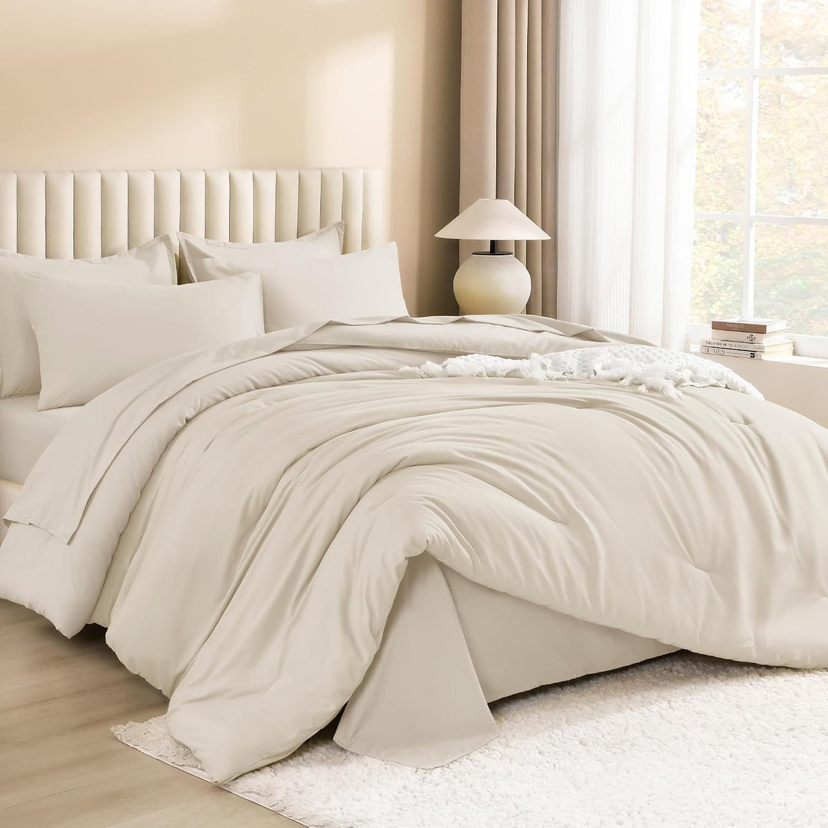 Litanika King Comforter Set with Sheets Beige - 7 Pieces Solid Bed in a Bag