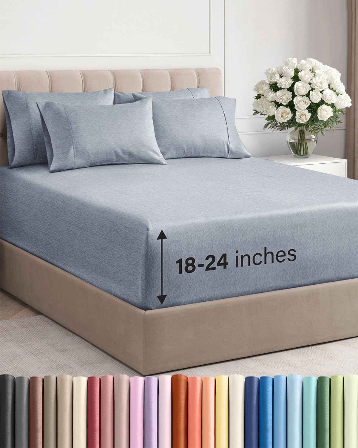 Extra Deep Queen Sheet Set - 6 Piece Breathable and Cooling Sheets - Grey