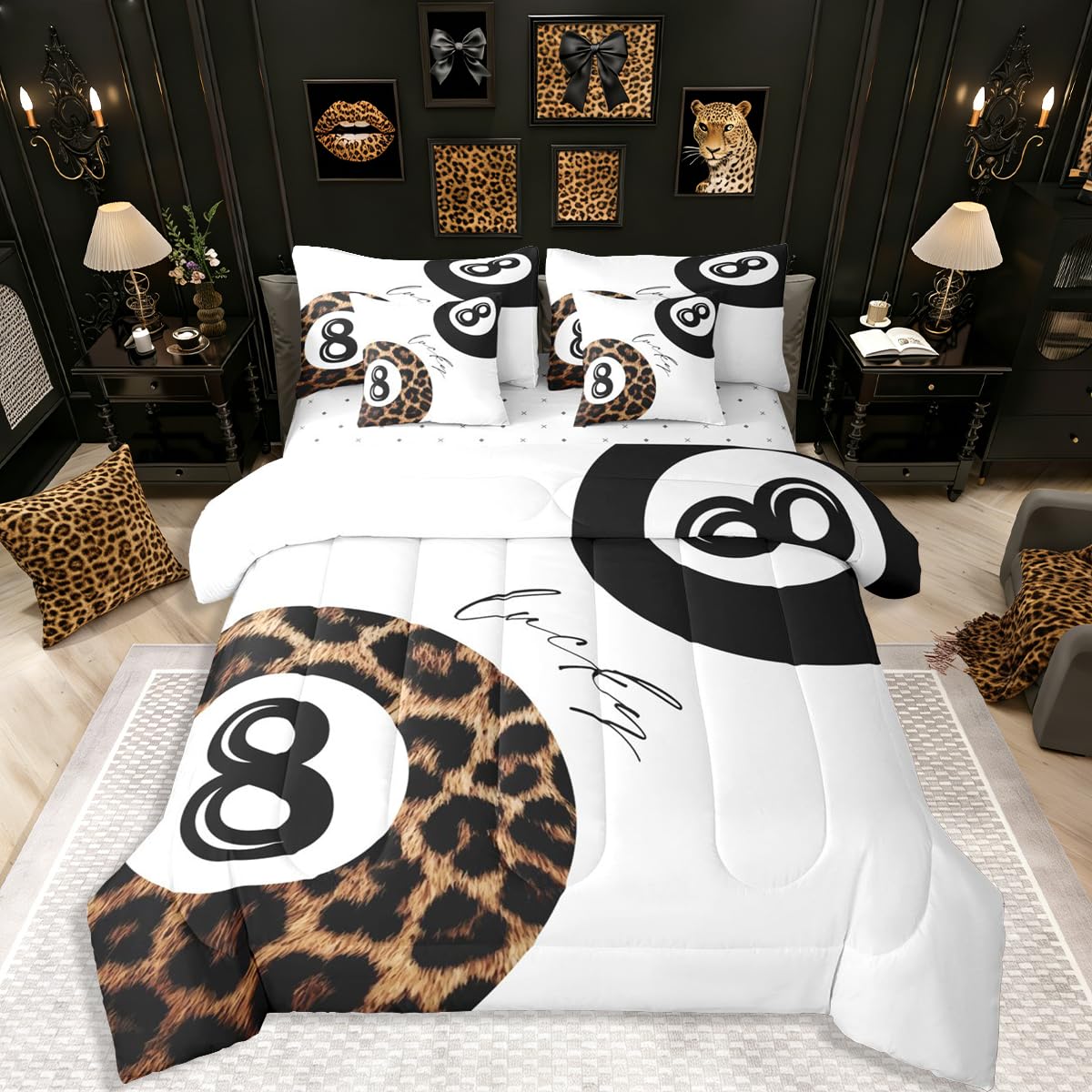 Erosebridal Leopard Print Bedding Set,7 Piece Pink Lucky 8 Ball Cheetah Bed in A Bag Queen Comforter Set for Boys Girls Women Preppy Room Decor Aesthetic Comforter and Sheets Fashion Coquette Bed Set