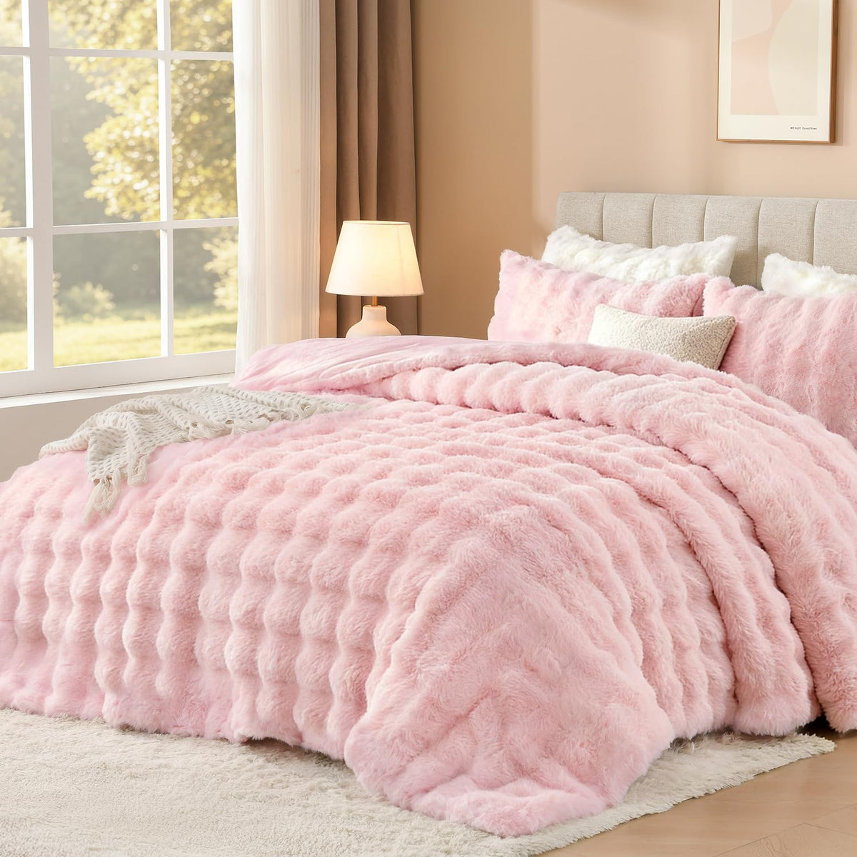 Andency Fluffy King Comforter Set Beige, Cheetah Print Bedding 3 Pieces