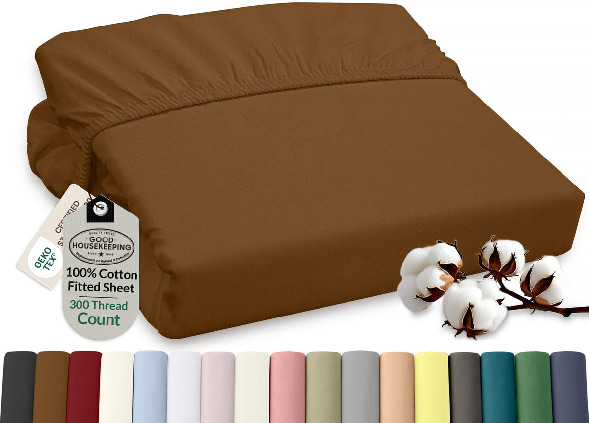 ROYALE LINENS 300 Thread Count 100% Long Staple Combed Cotton Fitted Sheet Full - Super Soft Deep Pocket Bottom Sheet - Fitted Sheets Only - Elastic Sheets (Full, White)