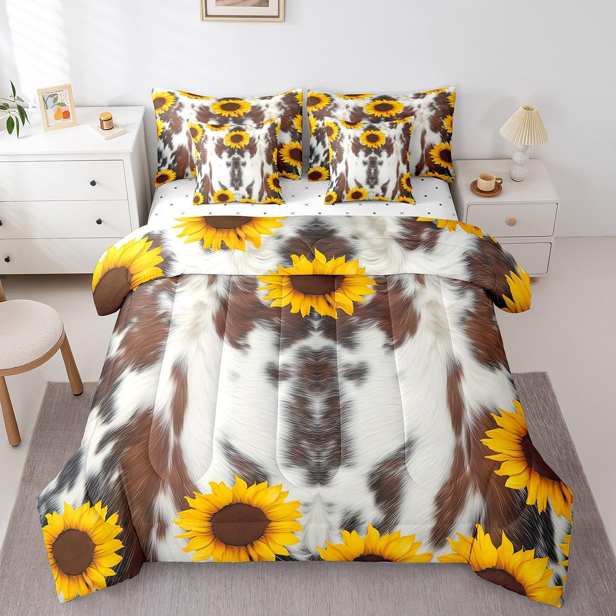 Erosebridal 7 Pcs Rustic Cow Comforter Set King Size,Western Texas Star Bed in a Bag with Flat Fitted Sheet for Cowboy Cowgirl,Cowhide Cow Print Bedding Set with Pillowcases and Cushion Cases