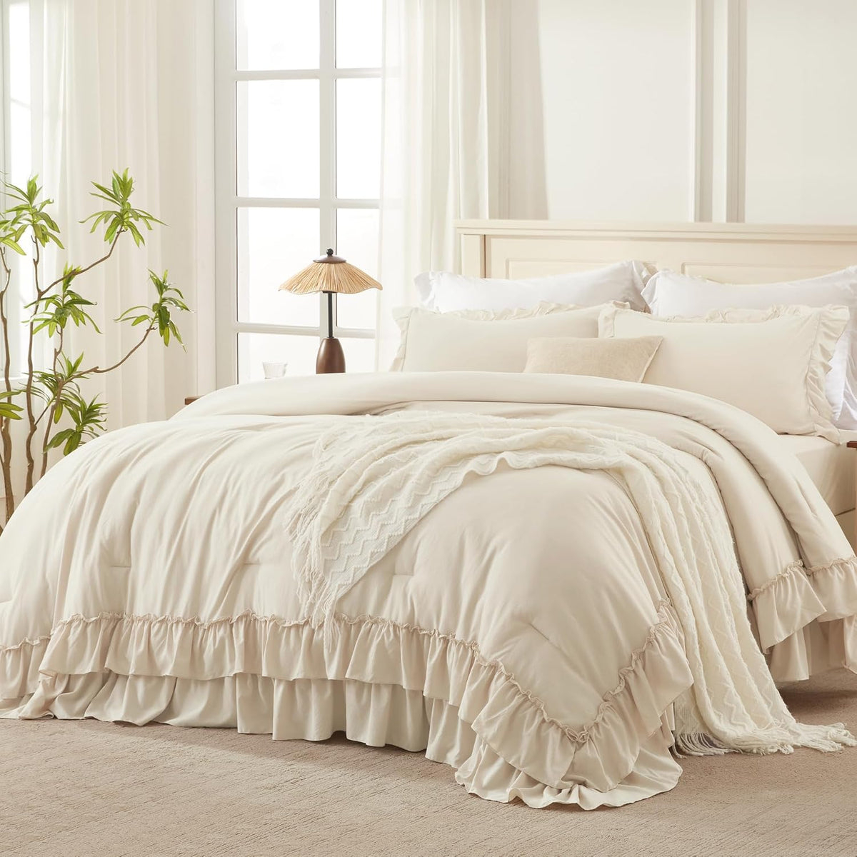 Andency Beige Ruffle Full Size Comforter Set, 3 Pieces