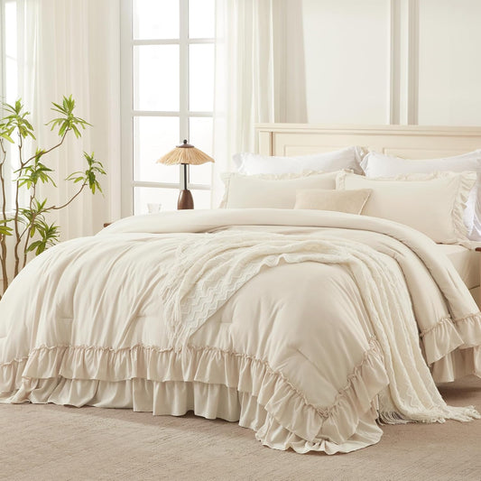 Andency Beige Ruffle Full Size Comforter Set, 3 Pieces