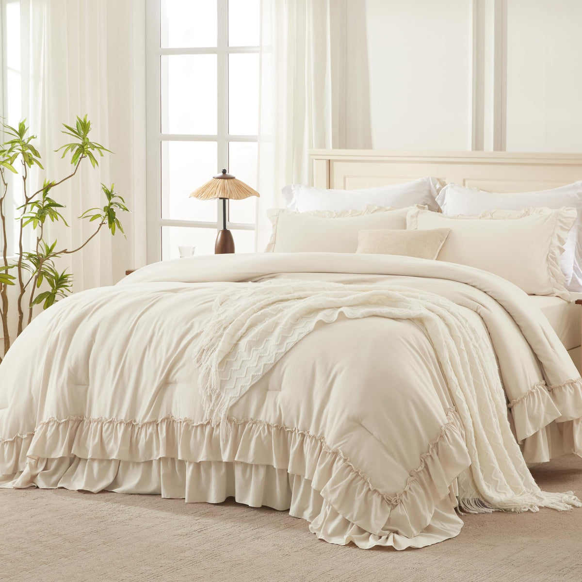Andency Beige Ruffle Full Size Comforter Set, 3 Pieces