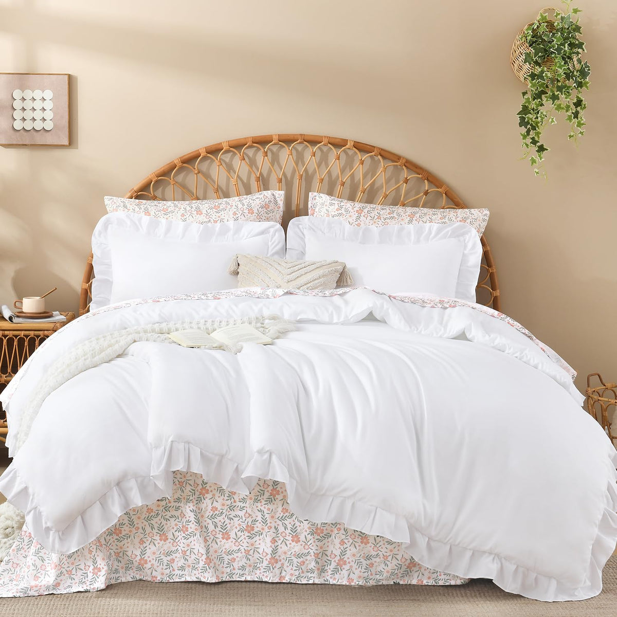 Litanika 7Pcs Queen Ruffled Sage Green Comforter Set with Floral Sheets