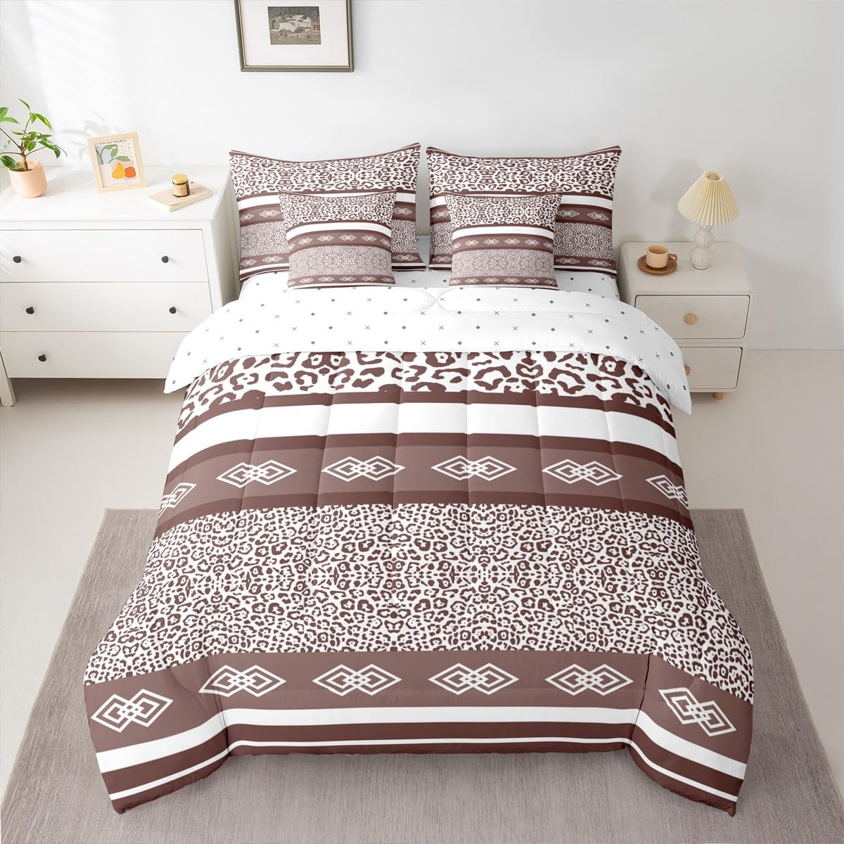 jejeloiu Leopard Print Comforter Set with Sheets 7 Piece Queen Size Cheetah Print Bedding Set for Kids Boys Girls Beige Bed in a Bag Modern Art Room Decor Soft Lightweight Microfiber