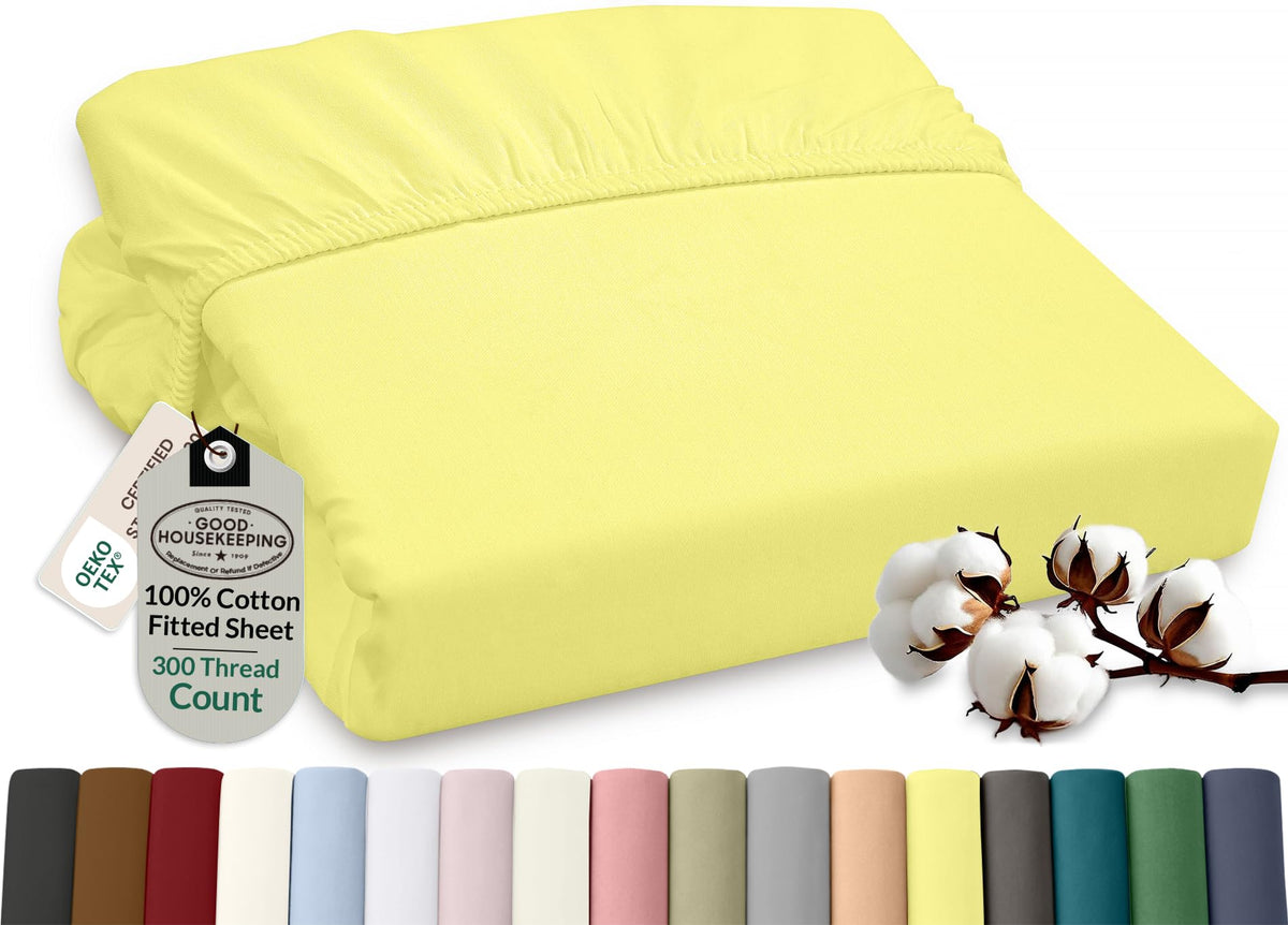 ROYALE LINENS 300 Thread Count 100% Long Staple Combed Cotton Fitted Sheet Full - Super Soft Deep Pocket Bottom Sheet - Fitted Sheets Only - Elastic Sheets (Full, White)