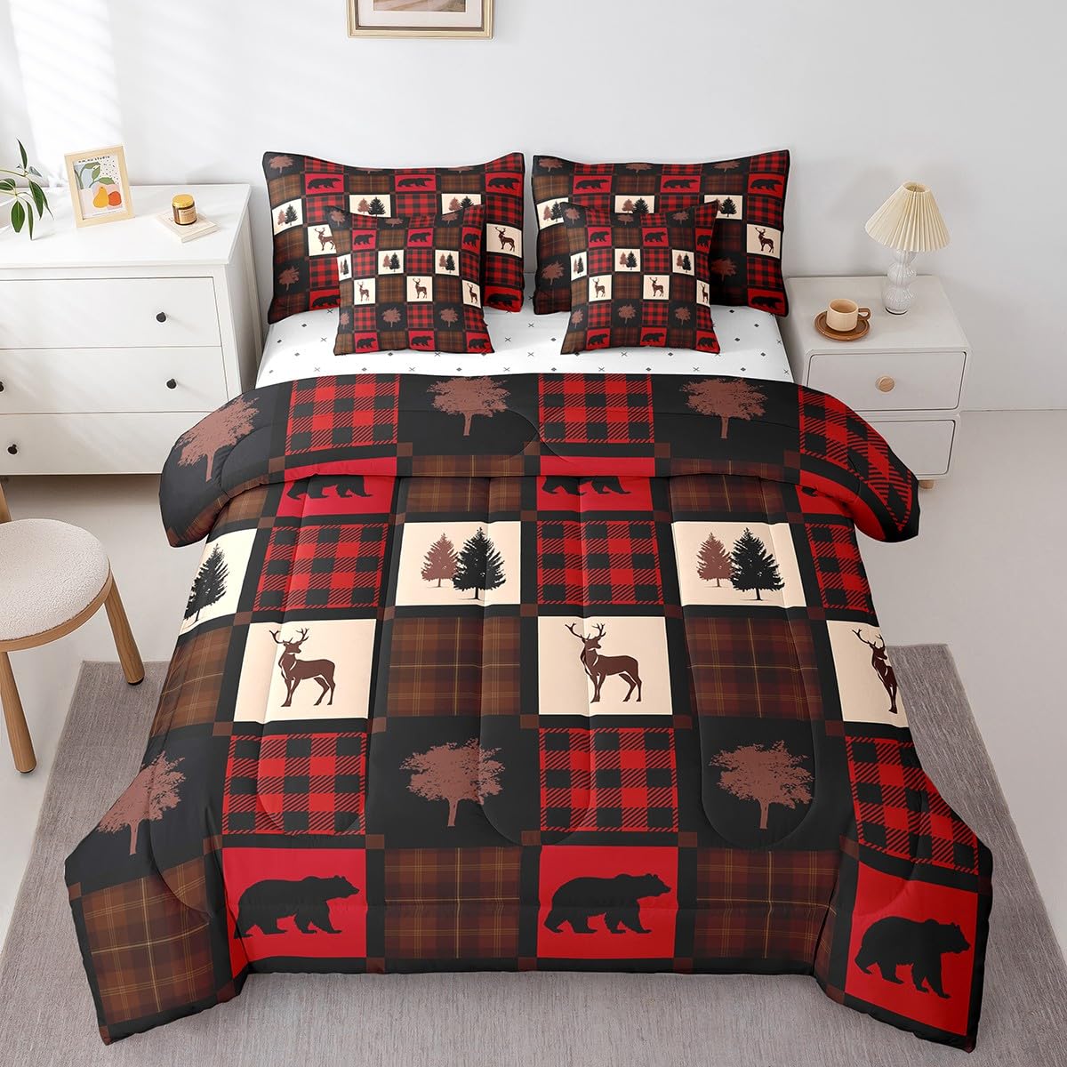 Erosebridal 7 Pcs Rustic Cow Comforter Set King Size,Western Texas Star Bed in a Bag with Flat Fitted Sheet for Cowboy Cowgirl,Cowhide Cow Print Bedding Set with Pillowcases and Cushion Cases