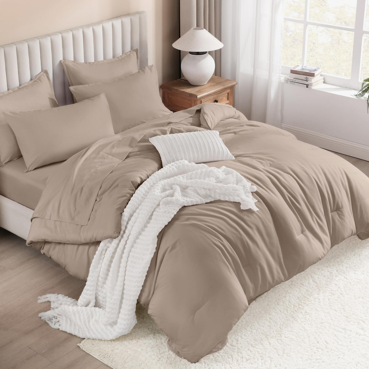 Litanika King Comforter Set with Sheets Beige - 7 Pieces Solid Bed in a Bag