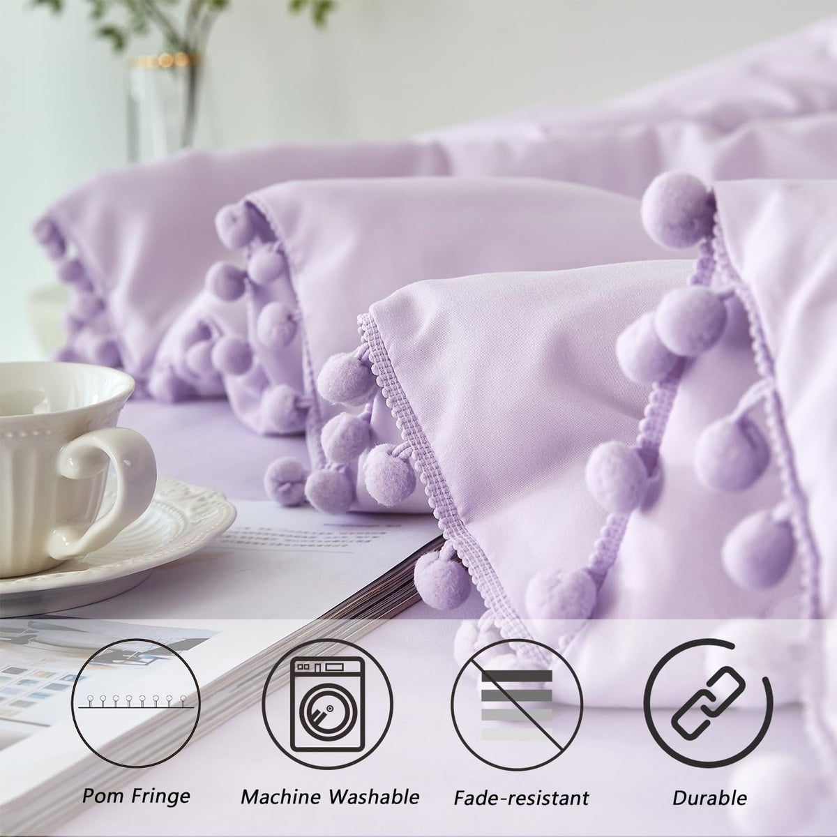 PERFEMET 5 Pieces Lavender Purple Comforter Set Twin Girls Pom Bedding Sets