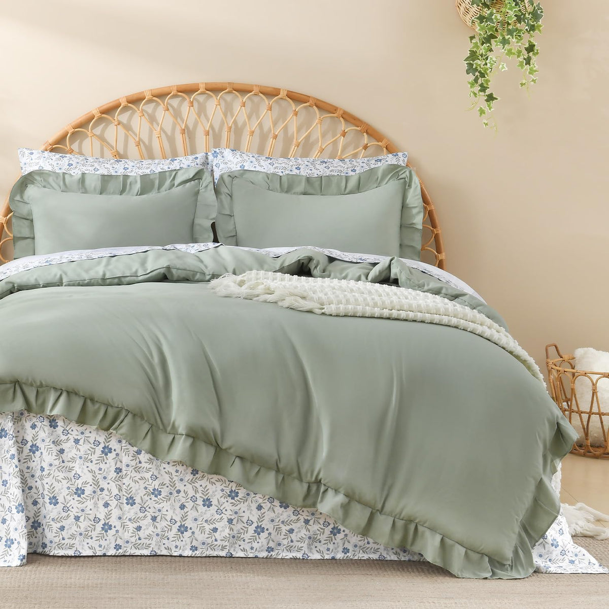 Litanika 7Pcs Queen Ruffled Sage Green Comforter Set with Floral Sheets