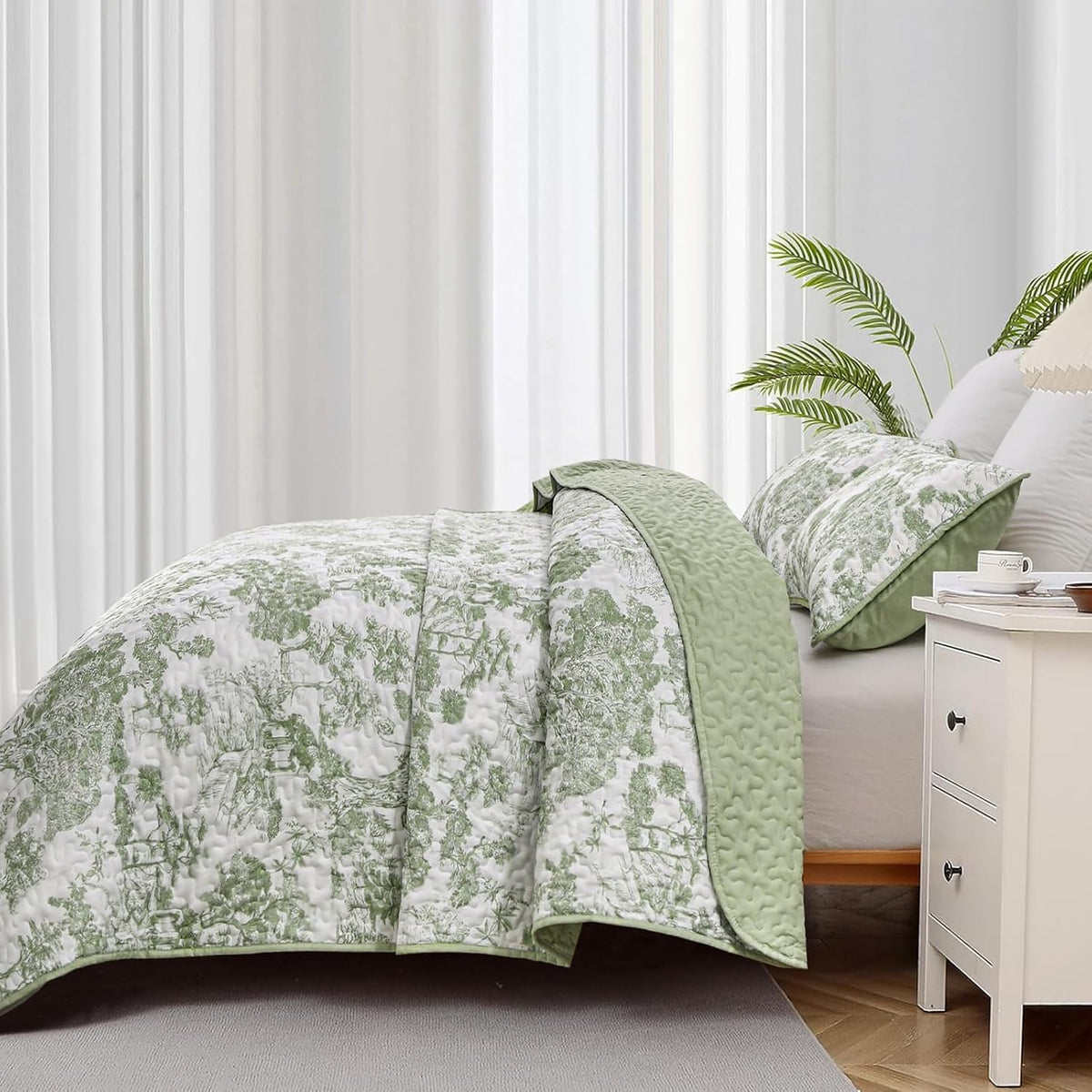WONGS BEDDING Sage Green Quilt Set Queen Size, Botanical Floral Bedspread
