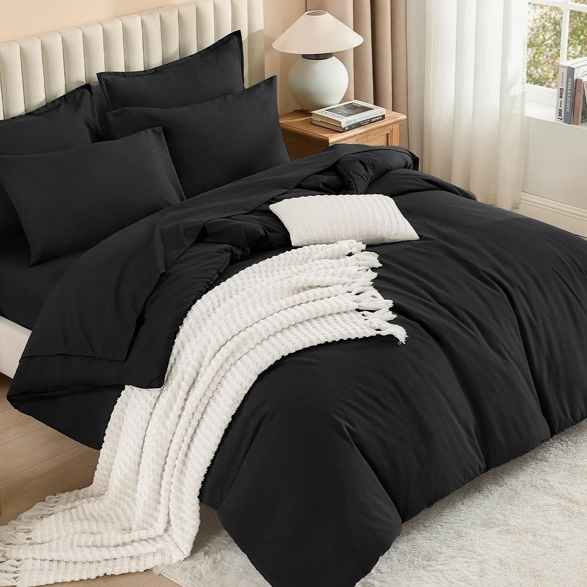 Litanika King Comforter Set with Sheets Beige - 7 Pieces Solid Bed in a Bag