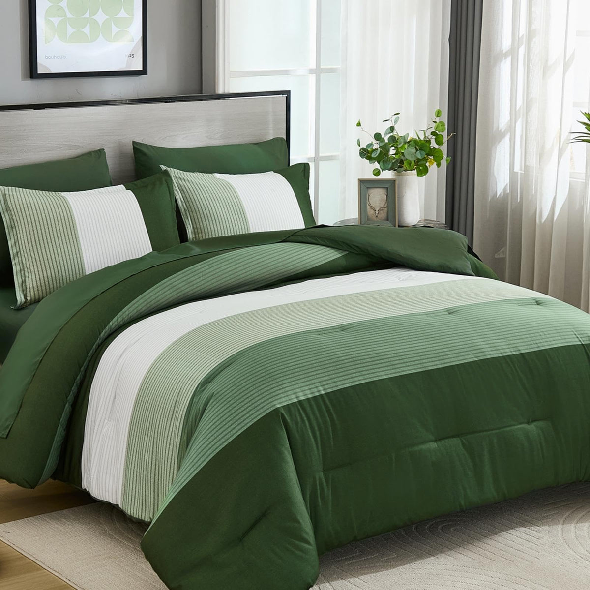 Anibedding Striped Comforter Set Queen Size, Boho Brown Green Striped Bedding Comforter Set 7 Piece Bed in a Bag, Soft Microfiber Down Alternative Farmhouse Bedding Set for All Season(90"x90")