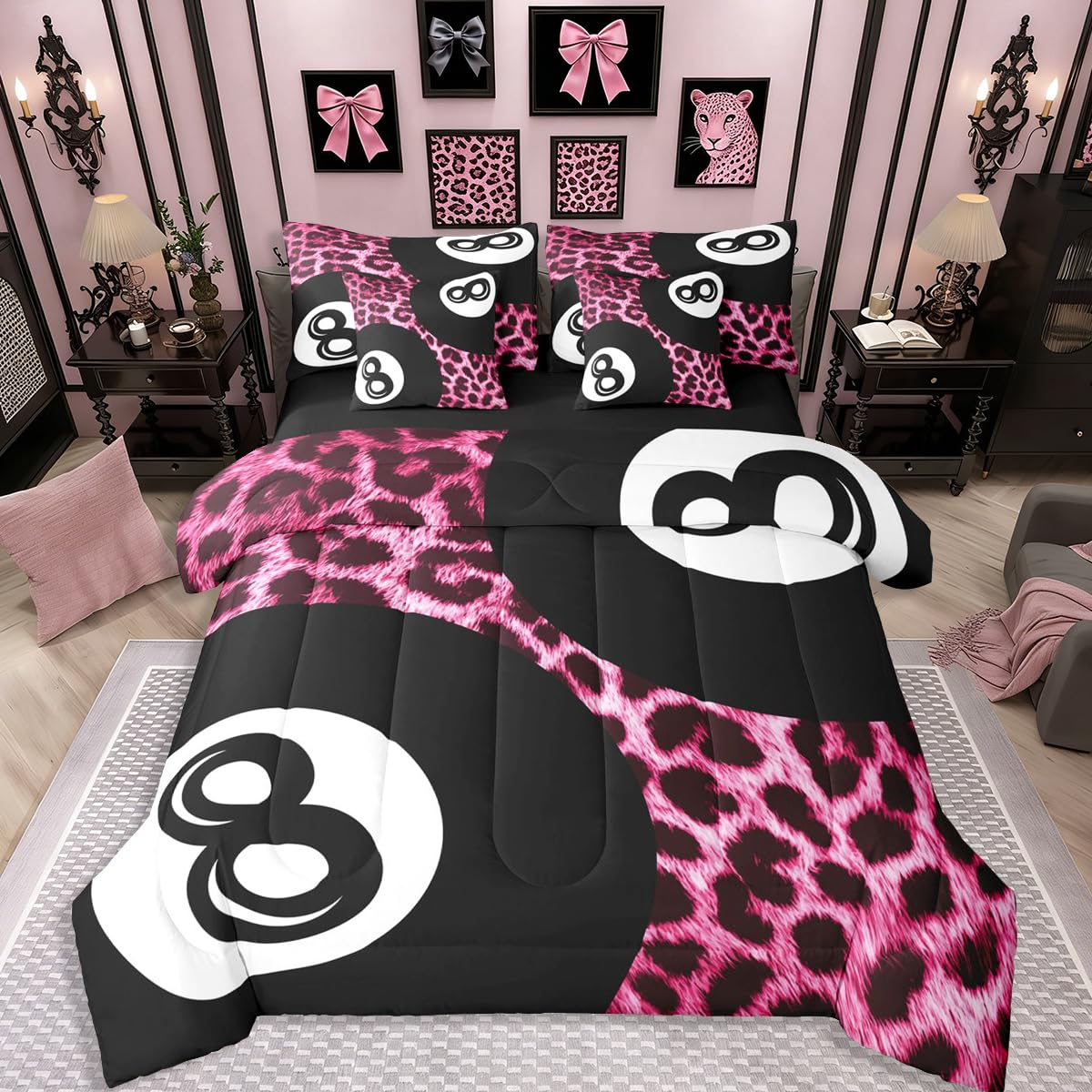Erosebridal Leopard Print Bedding Set,7 Piece Pink Lucky 8 Ball Cheetah Bed in A Bag Queen Comforter Set for Boys Girls Women Preppy Room Decor Aesthetic Comforter and Sheets Fashion Coquette Bed Set