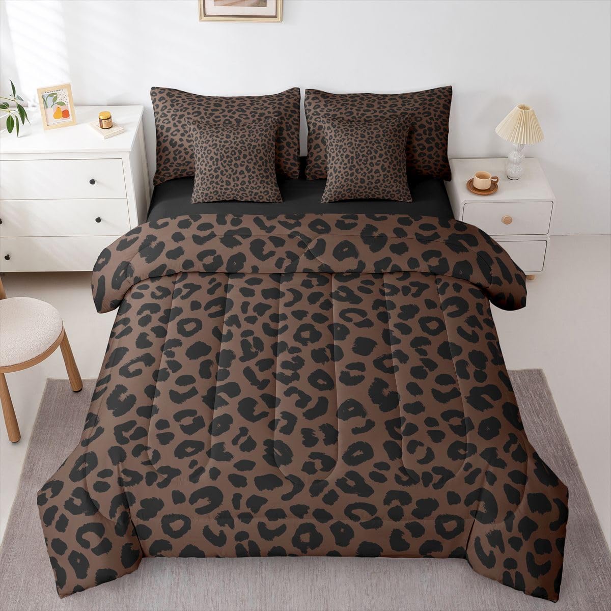 Feelyou Cute Leopard Bedding Set for All Season Cheetah 7 Pieces Comforter Sets Full Size Teens Room Decor Pink Animal Print Bed in a Bag with Comforter, Sheets, Pillowcases & Cushion Cover