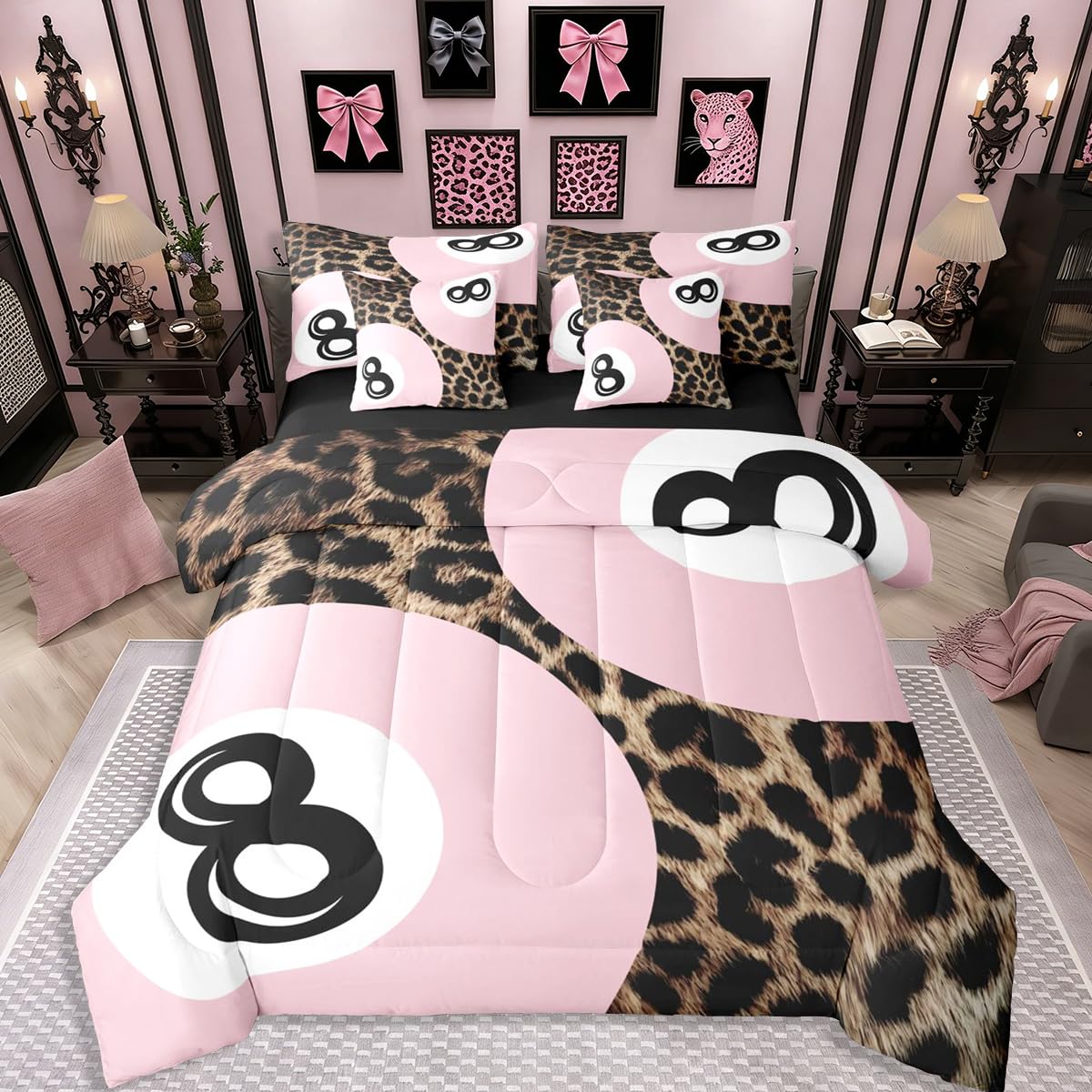 Erosebridal Leopard Print Bedding Set,7 Piece Pink Lucky 8 Ball Cheetah Bed in A Bag Queen Comforter Set for Boys Girls Women Preppy Room Decor Aesthetic Comforter and Sheets Fashion Coquette Bed Set