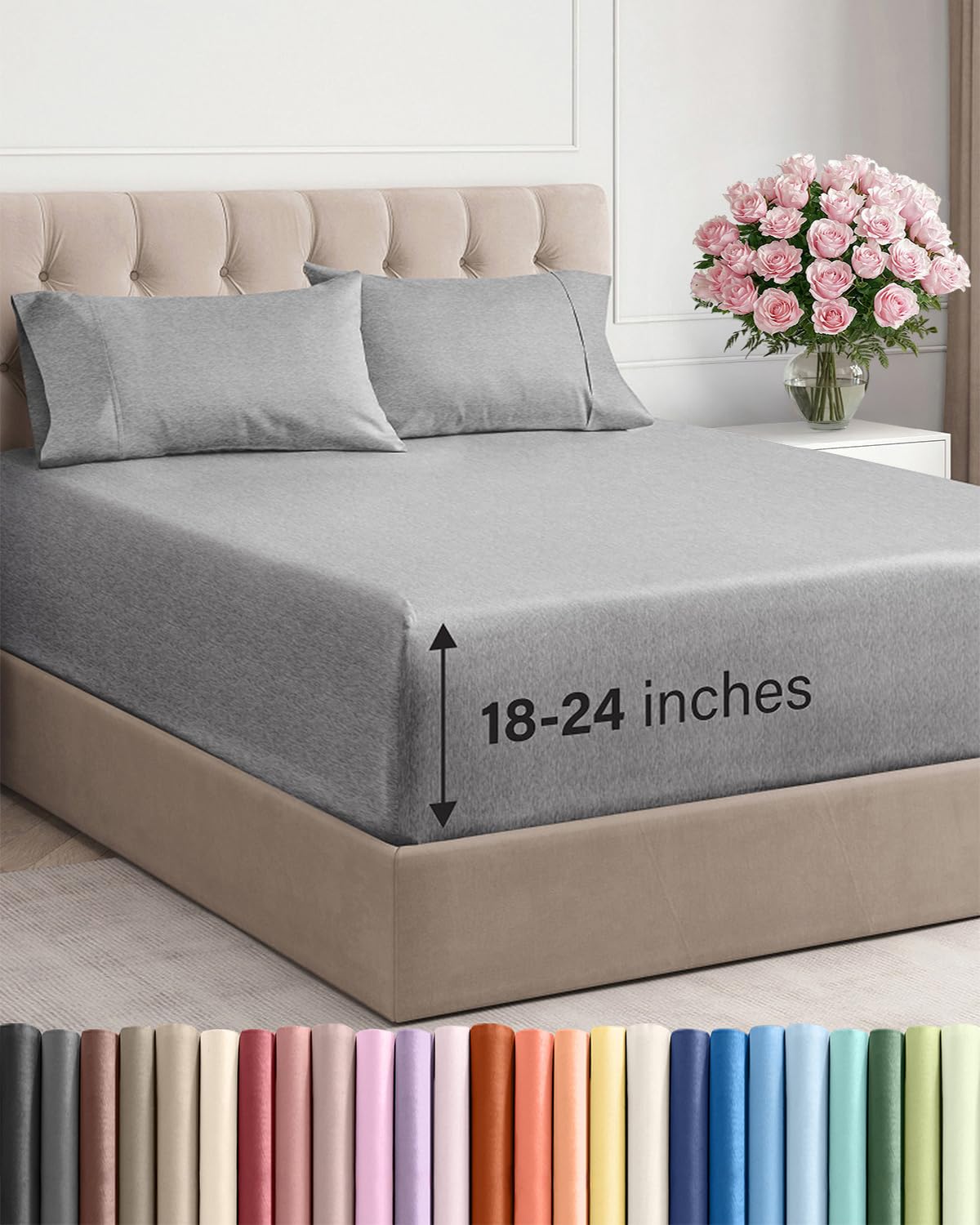 Extra Deep Queen Sheet Set - 6 Piece Breathable and Cooling Sheets - Grey