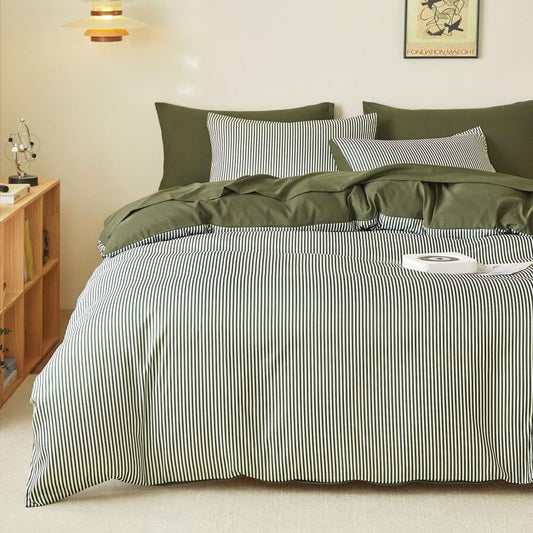 Wake In Cloud - Striped Comforter Set, Ticking Stripe Vertical Pinstripe Neutral Farmhouse Pattern Printed, Soft Lightweight Bedding, 3 Pieces, Olive Green White, King Size