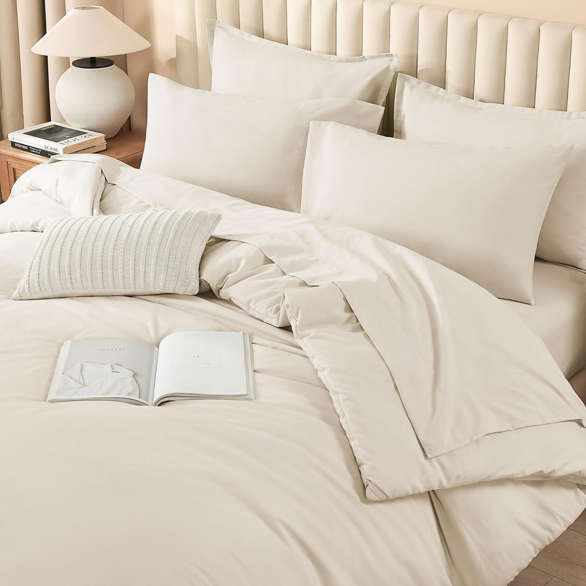 Litanika King Comforter Set with Sheets Beige - 7 Pieces Solid Bed in a Bag