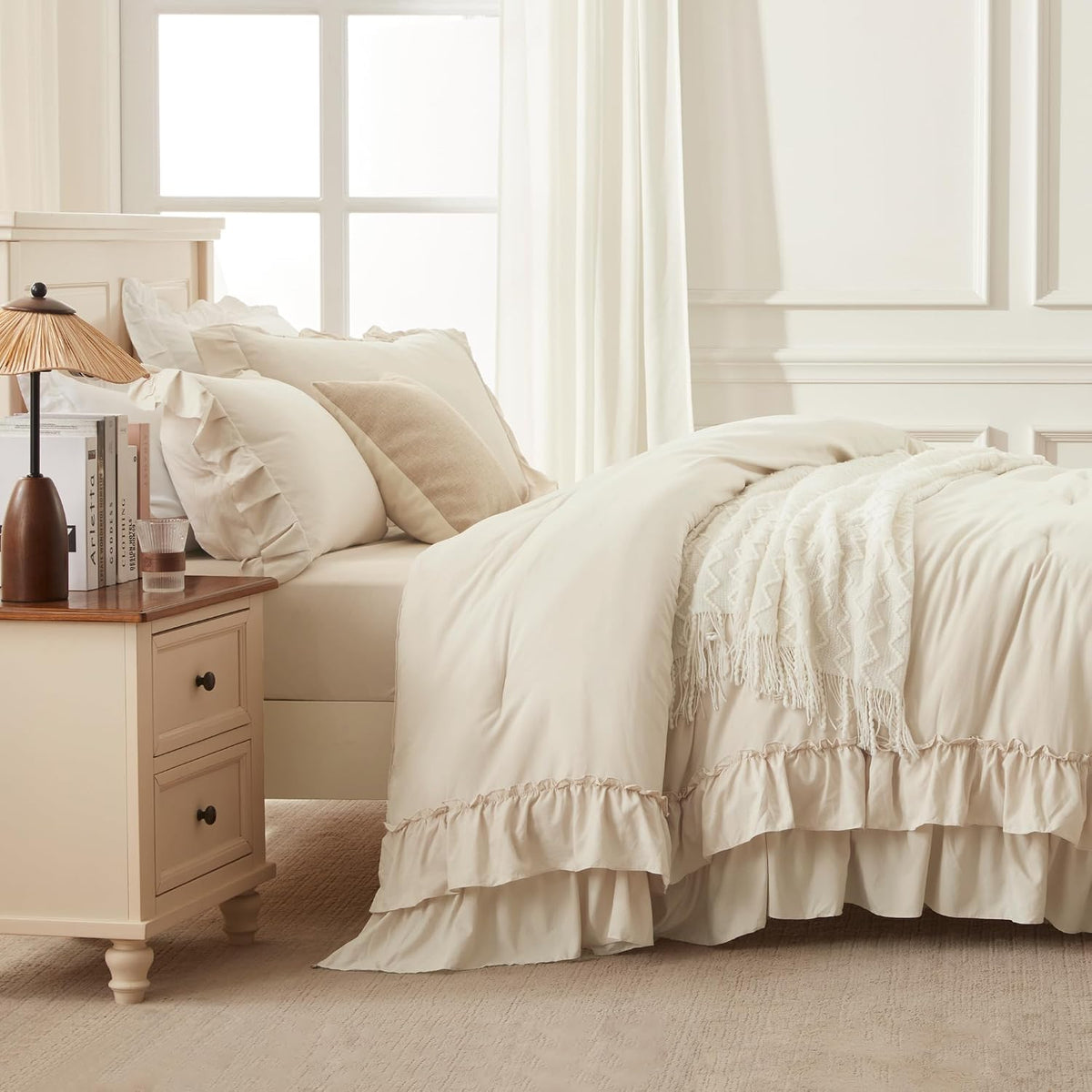 Andency Beige Ruffle Full Size Comforter Set, 3 Pieces