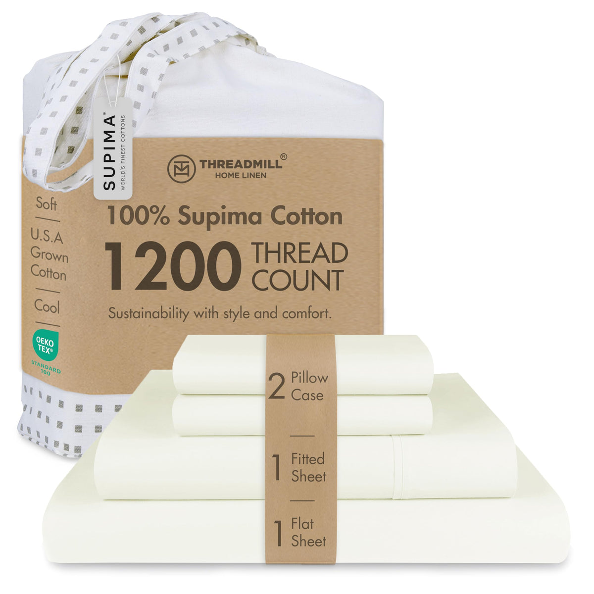 Threadmill 1200 Thread Count Supima Cotton King Sheet Set, Sateen, Ivory