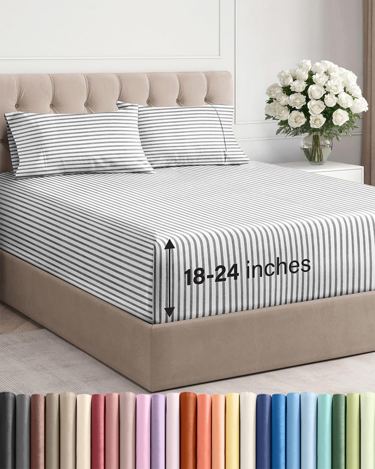 Extra Deep Queen Sheet Set - 6 Piece Breathable and Cooling Sheets - Grey