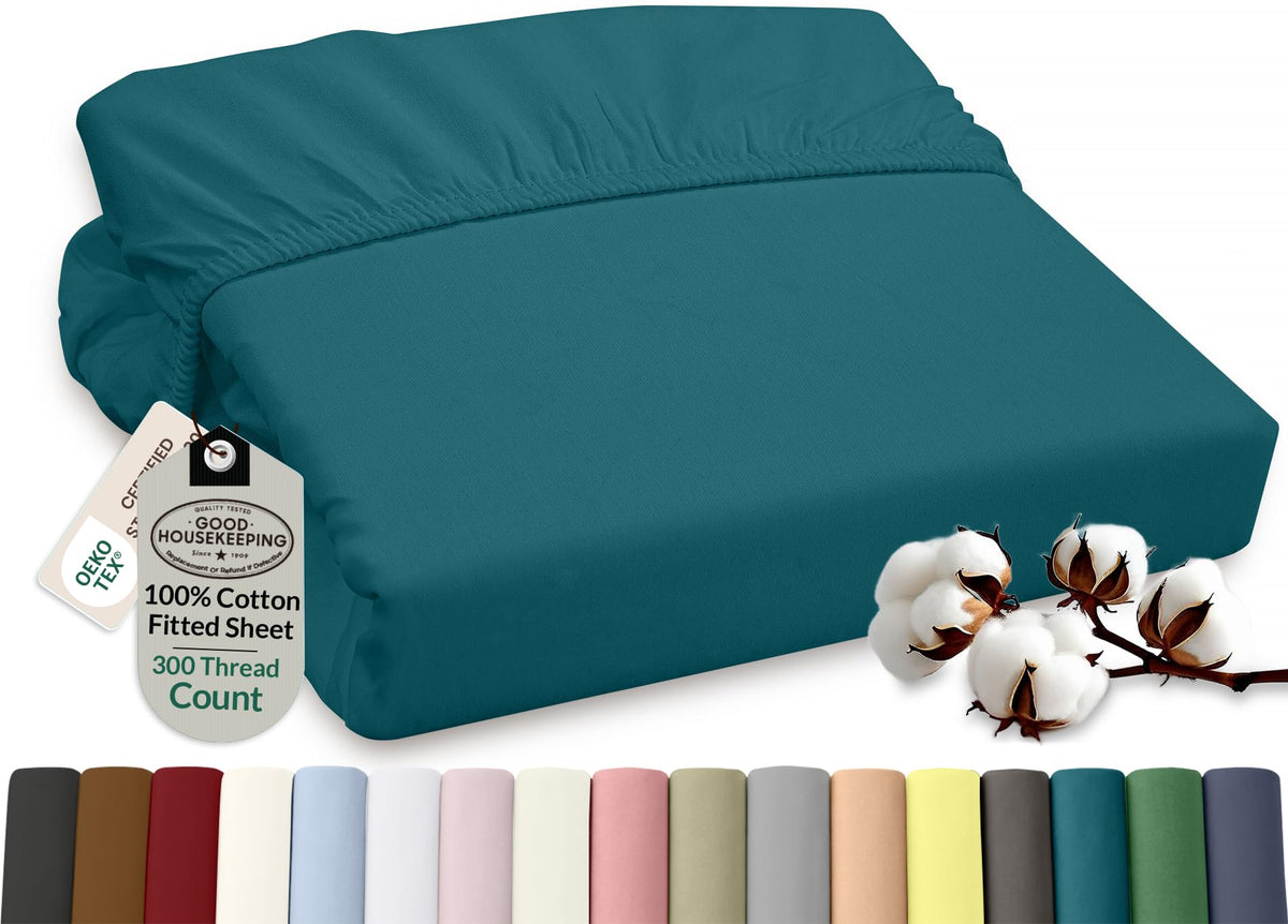 ROYALE LINENS 300 Thread Count 100% Long Staple Combed Cotton Fitted Sheet Full - Super Soft Deep Pocket Bottom Sheet - Fitted Sheets Only - Elastic Sheets (Full, White)