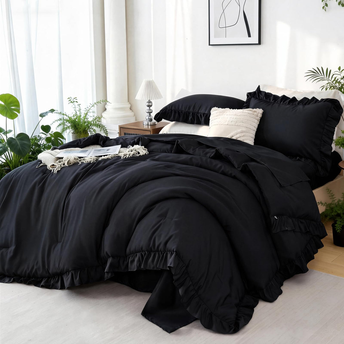 ZRNBAST Full Comforter Set Sage Green, 5 Pieces Ruffle Full Bed Sets, Soft Farmhouse Fluffy Bed in a Bag Shabby Chic Bedding Sets with Ruffled Comforter, Flat Sheet, Fitted Sheet, Pillowcases