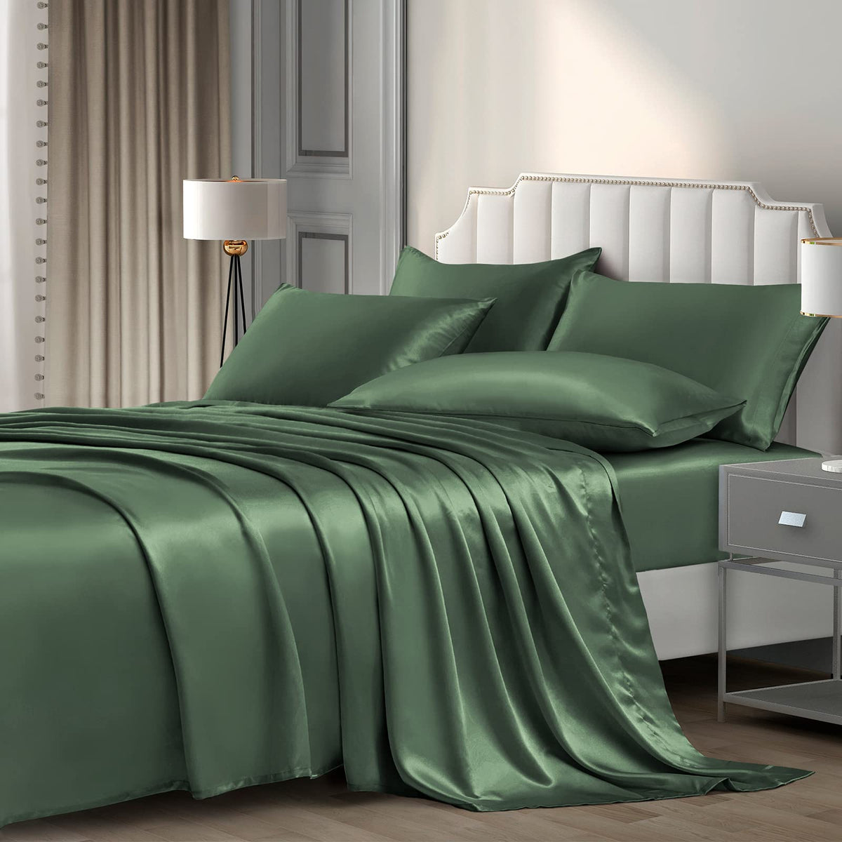 P Pothuiny Satin Sheets Set, Queen (6 Pieces, Taupe) - Luxury Soft Bed Linen Set with 1 Fitted Sheet, 1 Flat Sheet, 4 Pillowcases