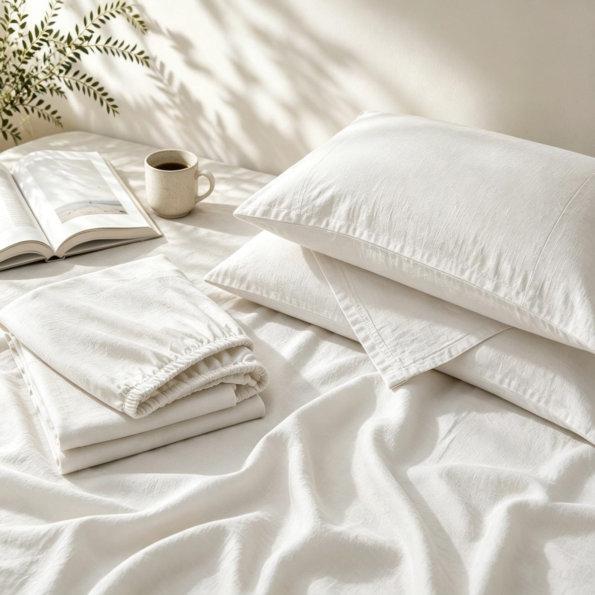 MEISHANG 100% French Linen Sheets Queen,4 Pcs,18-24" Extra Deep Pocket