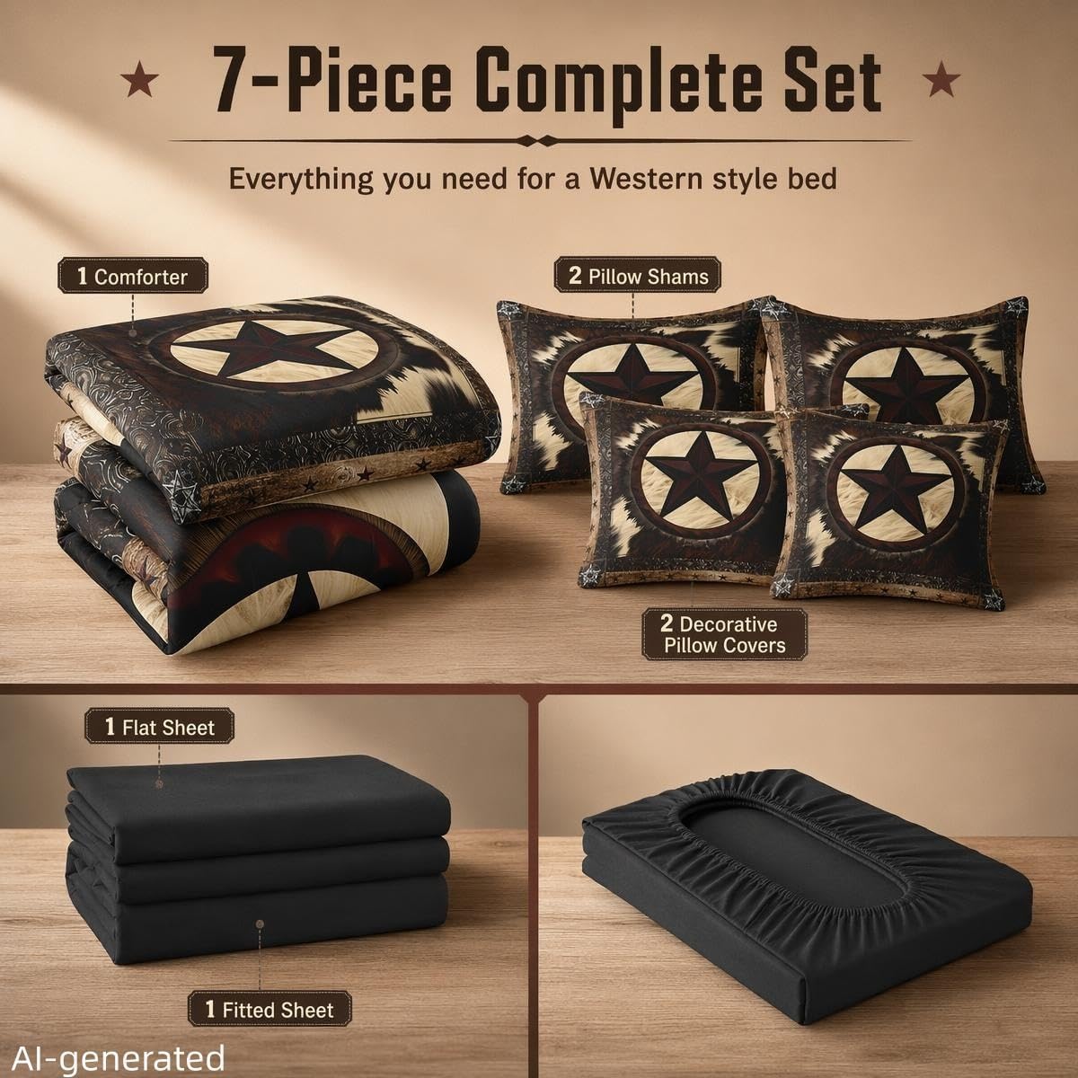 Erosebridal 7 Pcs Rustic Cow Comforter Set King Size,Western Texas Star Bed in a Bag with Flat Fitted Sheet for Cowboy Cowgirl,Cowhide Cow Print Bedding Set with Pillowcases and Cushion Cases
