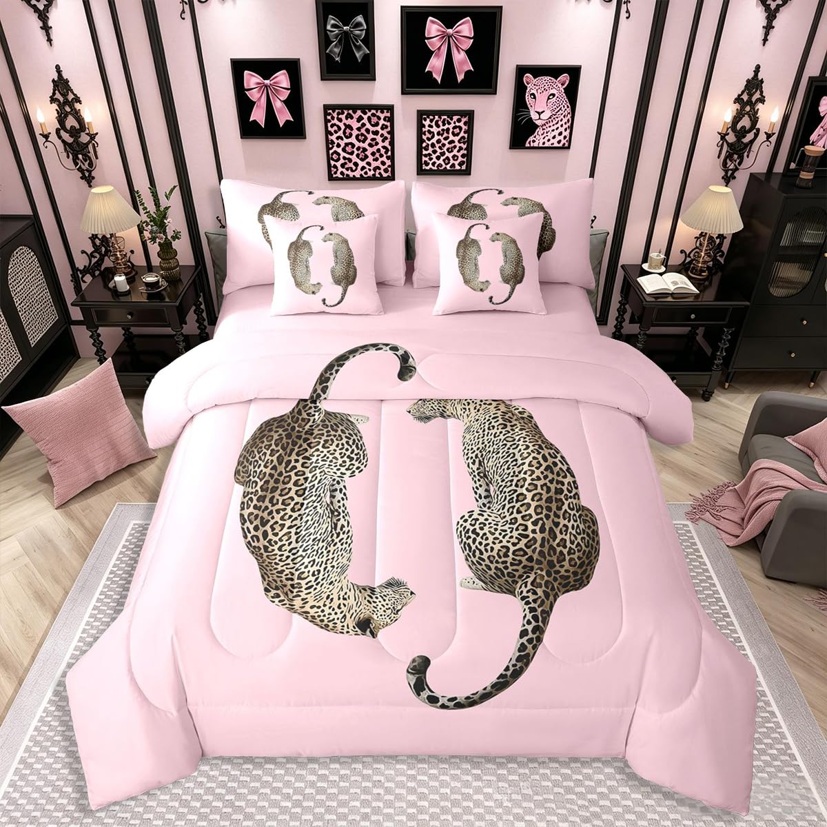 Erosebridal Leopard Print Bedding Set,7 Piece Pink Lucky 8 Ball Cheetah Bed in A Bag Queen Comforter Set for Boys Girls Women Preppy Room Decor Aesthetic Comforter and Sheets Fashion Coquette Bed Set