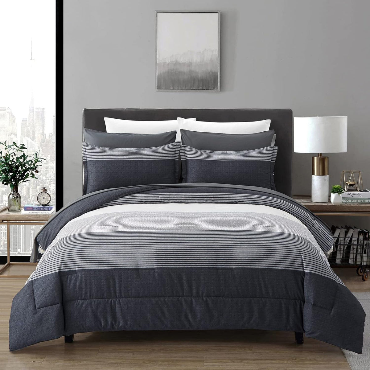 Anibedding Striped Comforter Set Queen Size, Boho Brown Green Striped Bedding Comforter Set 7 Piece Bed in a Bag, Soft Microfiber Down Alternative Farmhouse Bedding Set for All Season(90"x90")