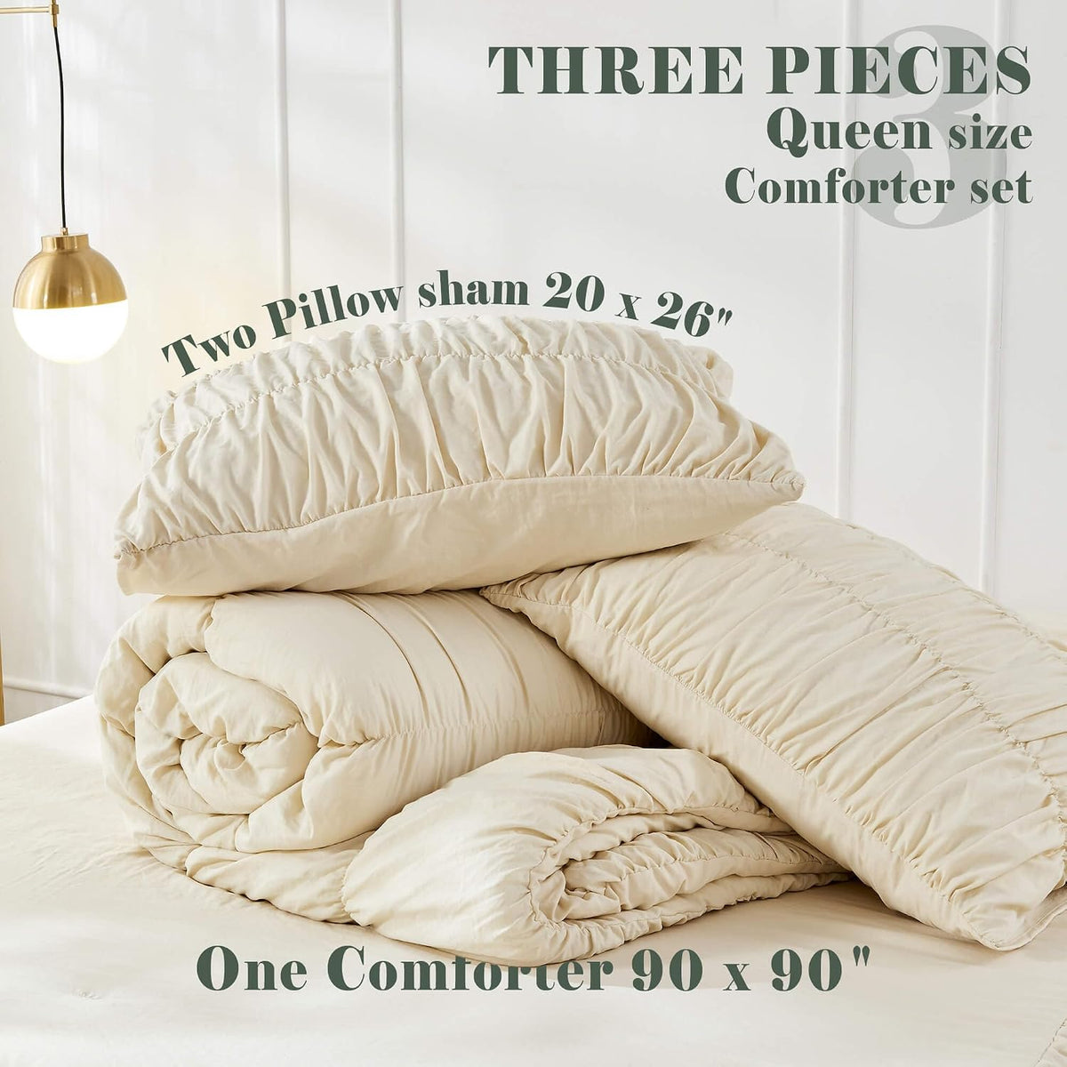 Bonlino Wheat Ruched Comforter Set Queen Size Ruffle Comforter Bedding