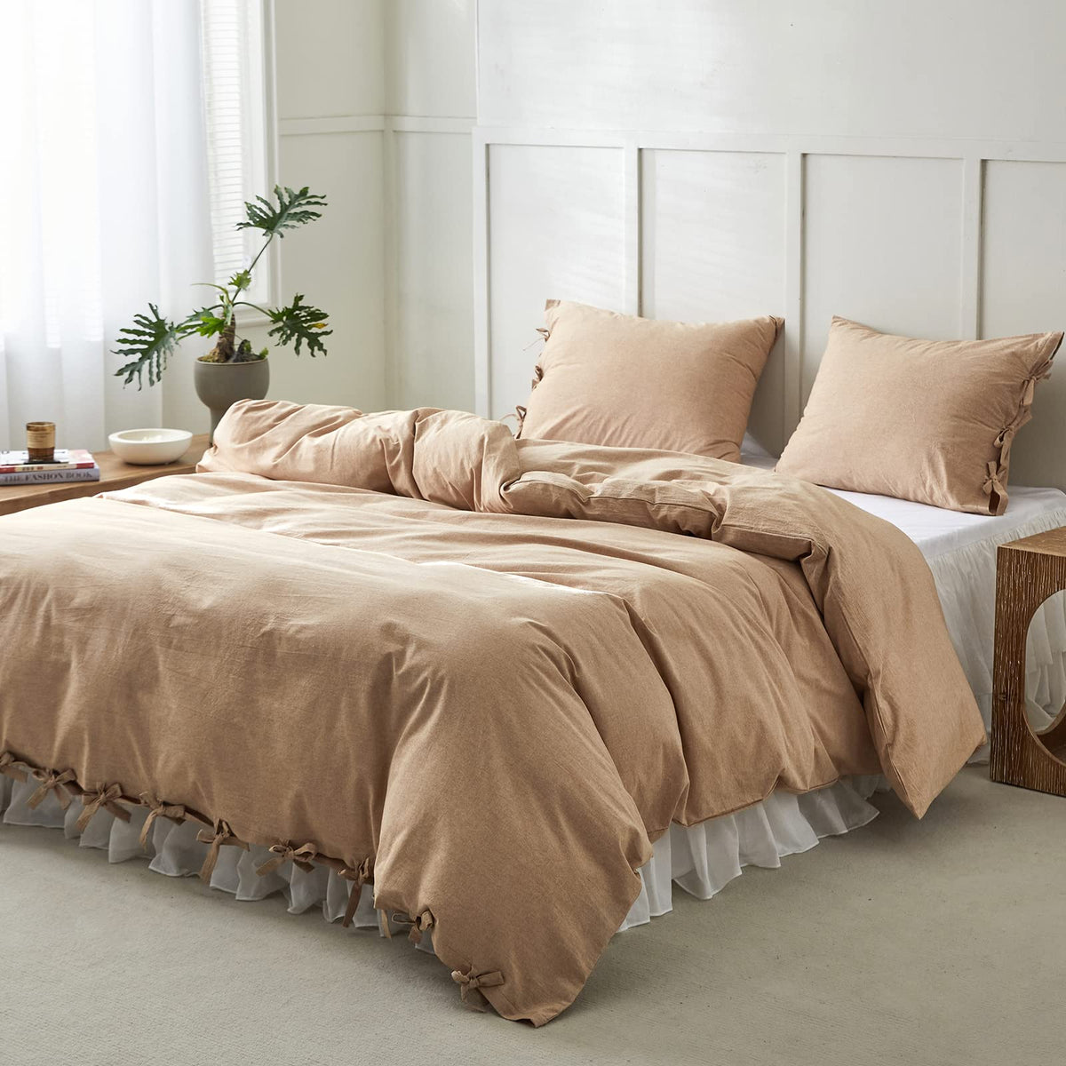 BISELINA 100% Washed Cotton Duvet Cover Set 3pcs with Bowknot Ties Strap Solid Color Linen Like Textured Durable Breathable Soft Comfy Chic Bedding (Twin, Cornflower Blue)