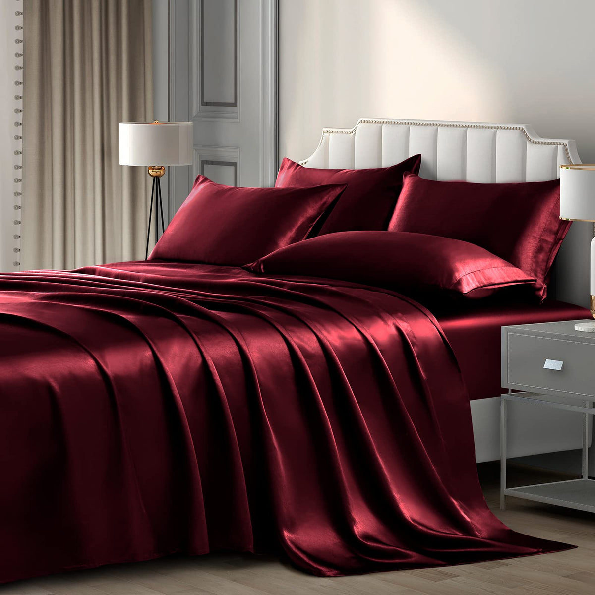 P Pothuiny Satin Sheets Set, Queen (6 Pieces, Taupe) - Luxury Soft Bed Linen Set with 1 Fitted Sheet, 1 Flat Sheet, 4 Pillowcases