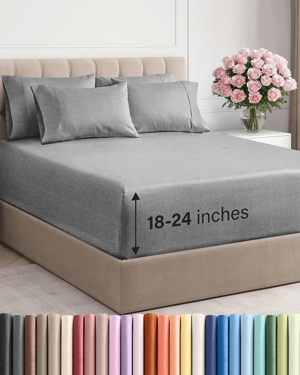 Extra Deep Queen Sheet Set - 6 Piece Breathable and Cooling Sheets - Grey