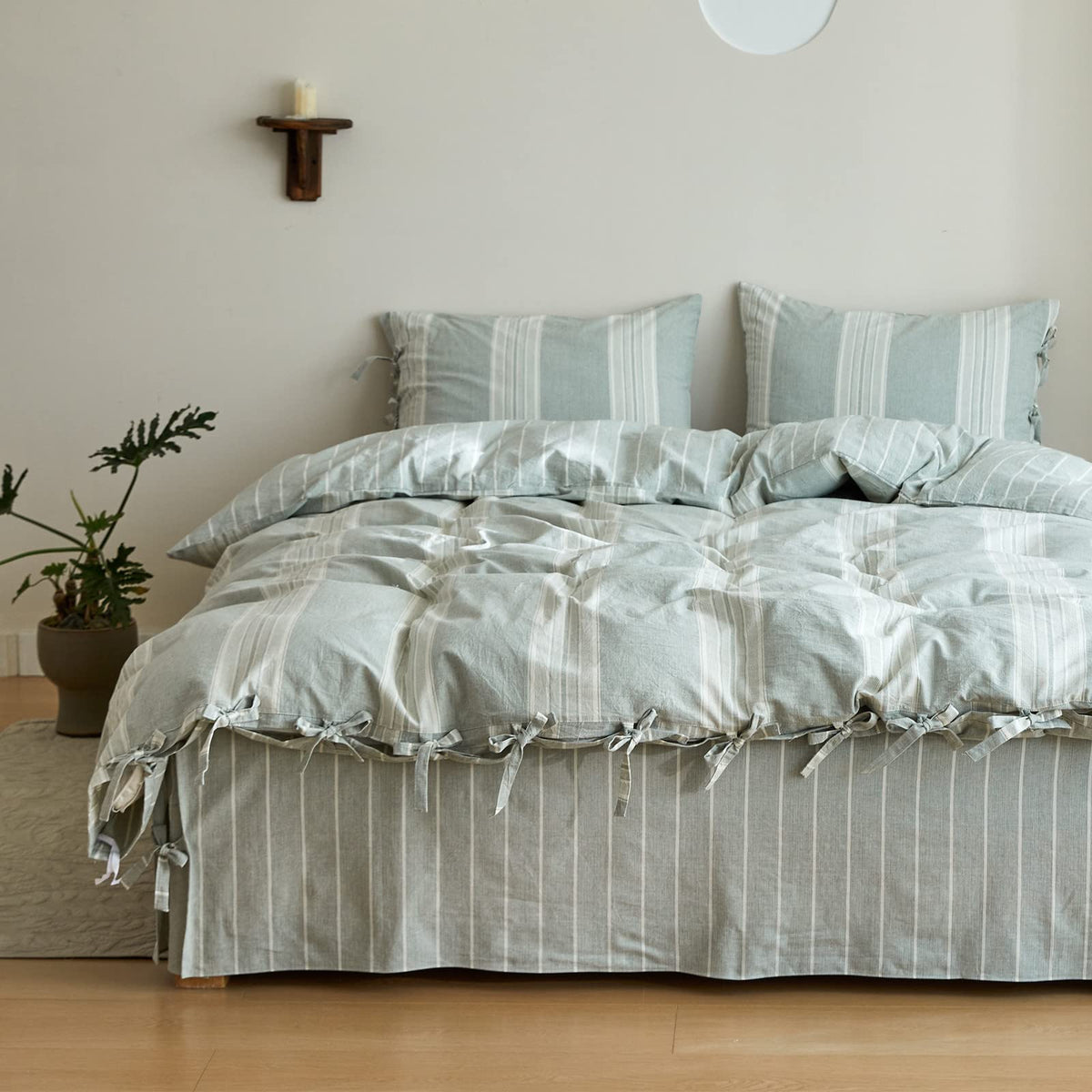 BISELINA 100% Washed Cotton Duvet Cover Set 3pcs with Bowknot Ties Strap Solid Color Linen Like Textured Durable Breathable Soft Comfy Chic Bedding (Twin, Cornflower Blue)
