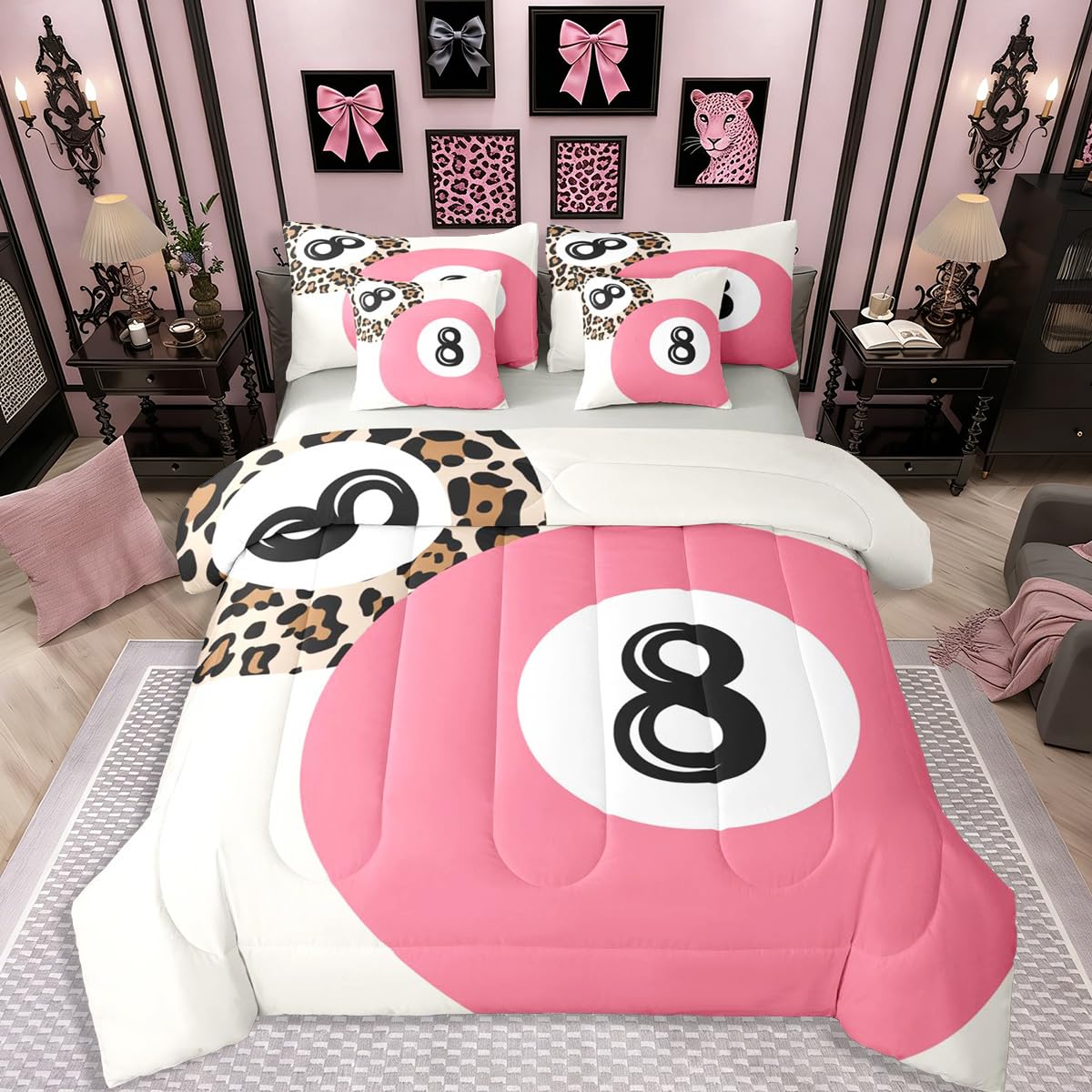 Erosebridal Leopard Print Bedding Set,7 Piece Pink Lucky 8 Ball Cheetah Bed in A Bag Queen Comforter Set for Boys Girls Women Preppy Room Decor Aesthetic Comforter and Sheets Fashion Coquette Bed Set