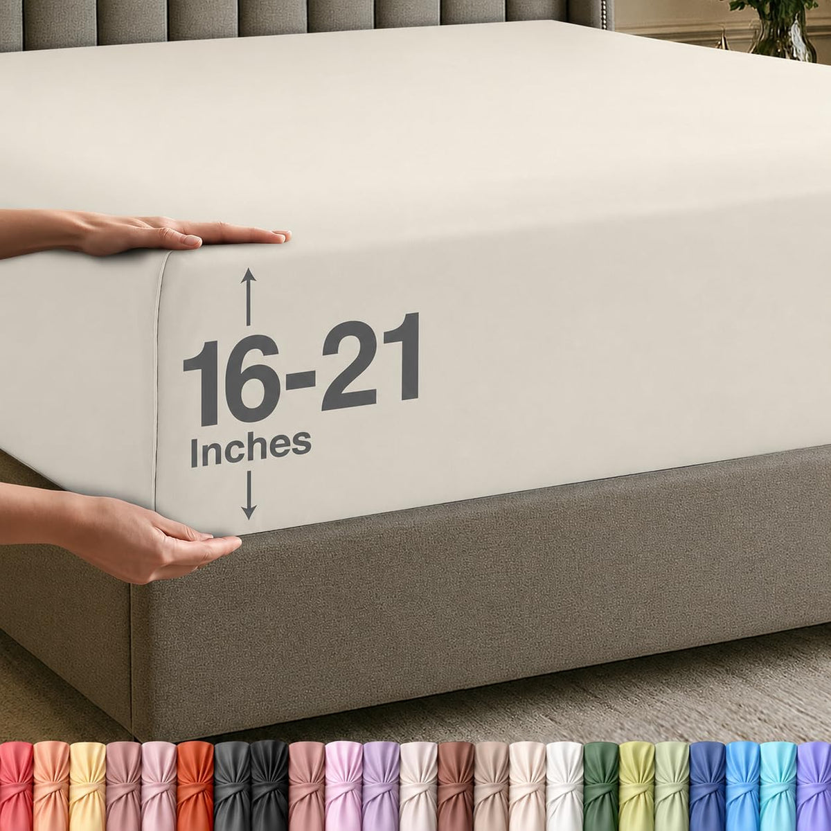 Extra Deep Pocket King Fitted Sheet, Fits 16-21 Inch Mattress, Beige