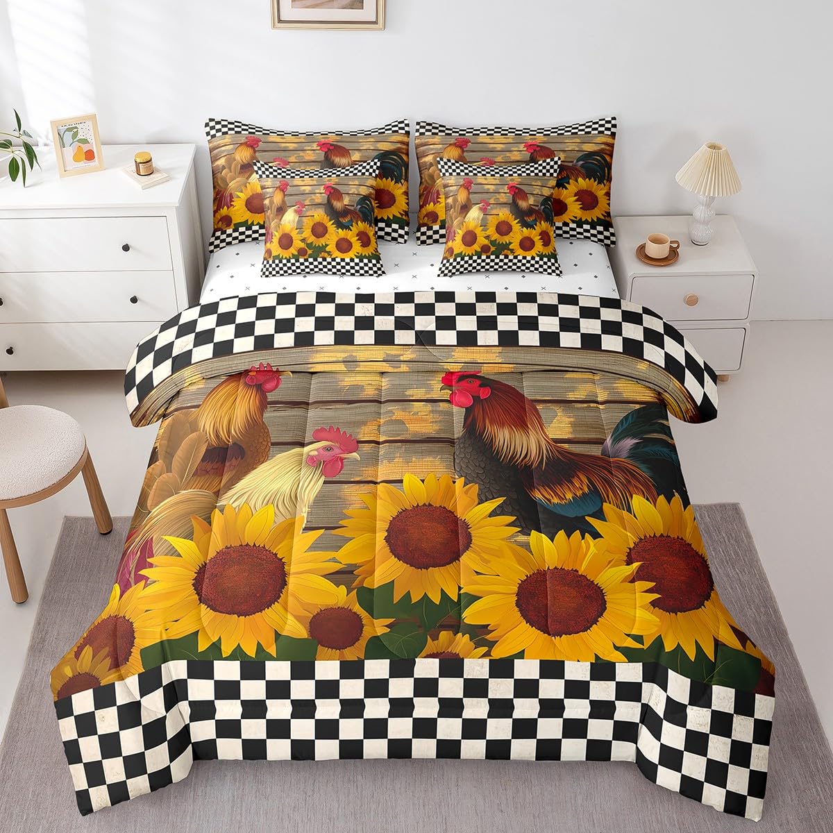 Erosebridal 7 Pcs Rustic Cow Comforter Set King Size,Western Texas Star Bed in a Bag with Flat Fitted Sheet for Cowboy Cowgirl,Cowhide Cow Print Bedding Set with Pillowcases and Cushion Cases