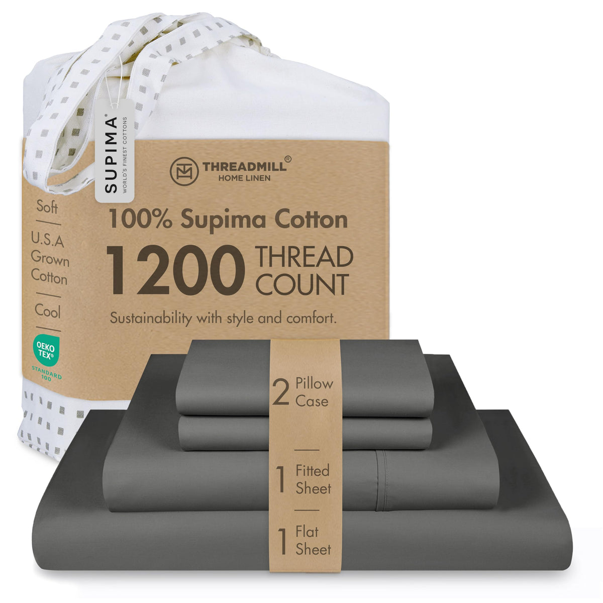 Threadmill 1200 Thread Count Supima Cotton King Sheet Set, Sateen, Ivory